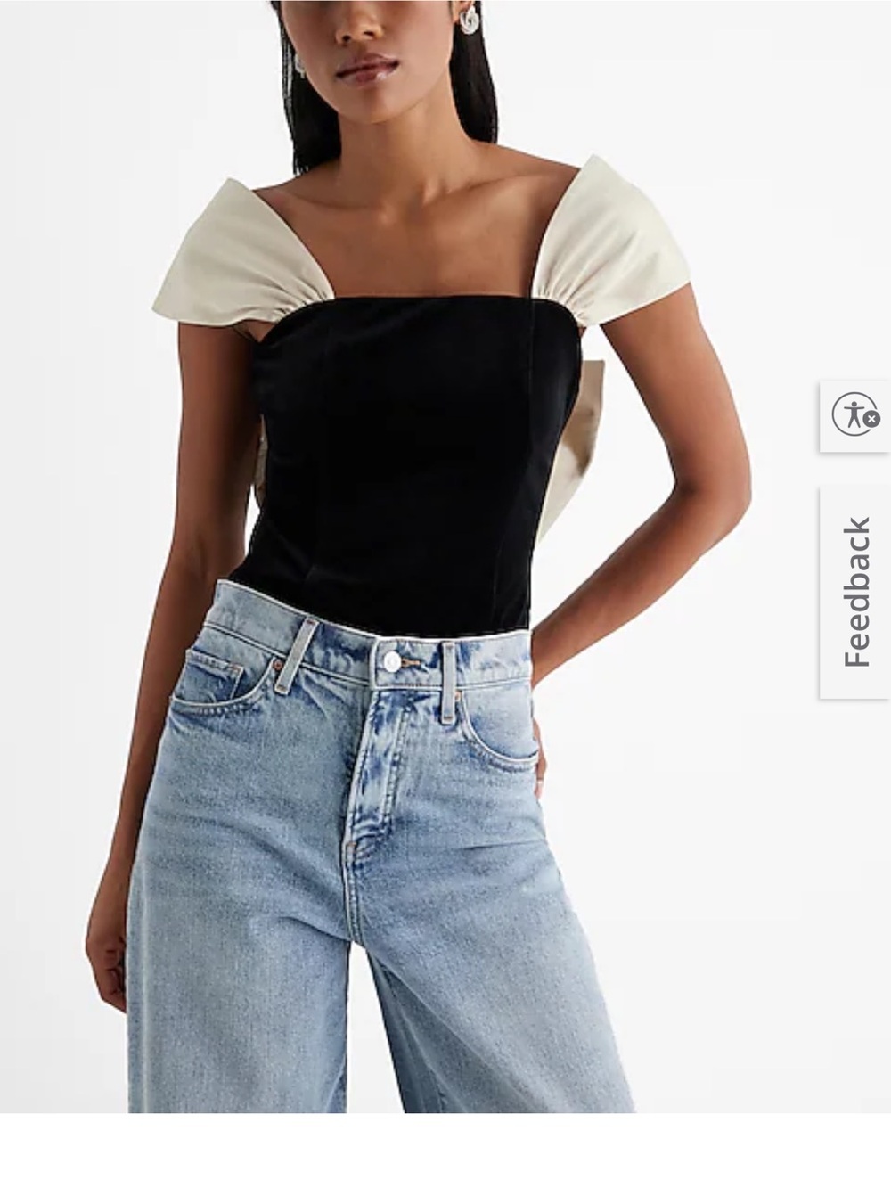 Express Black Velvet Bodysuit with Cream Shoulder Accents